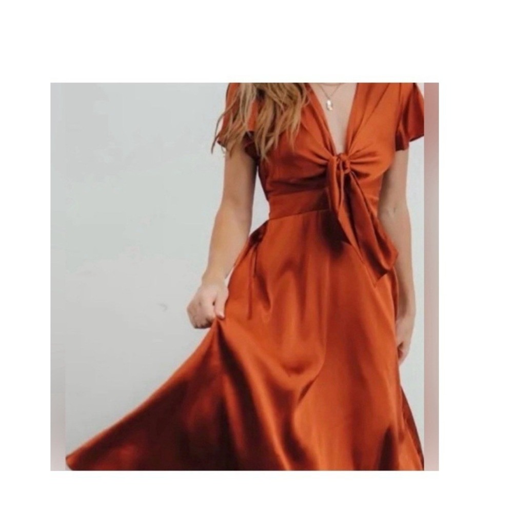 Francesca's SSFLUTTERS High-Low Tie-Front Midi Dress Burnt Orange Rust Small NWT - Picture 13 of 13